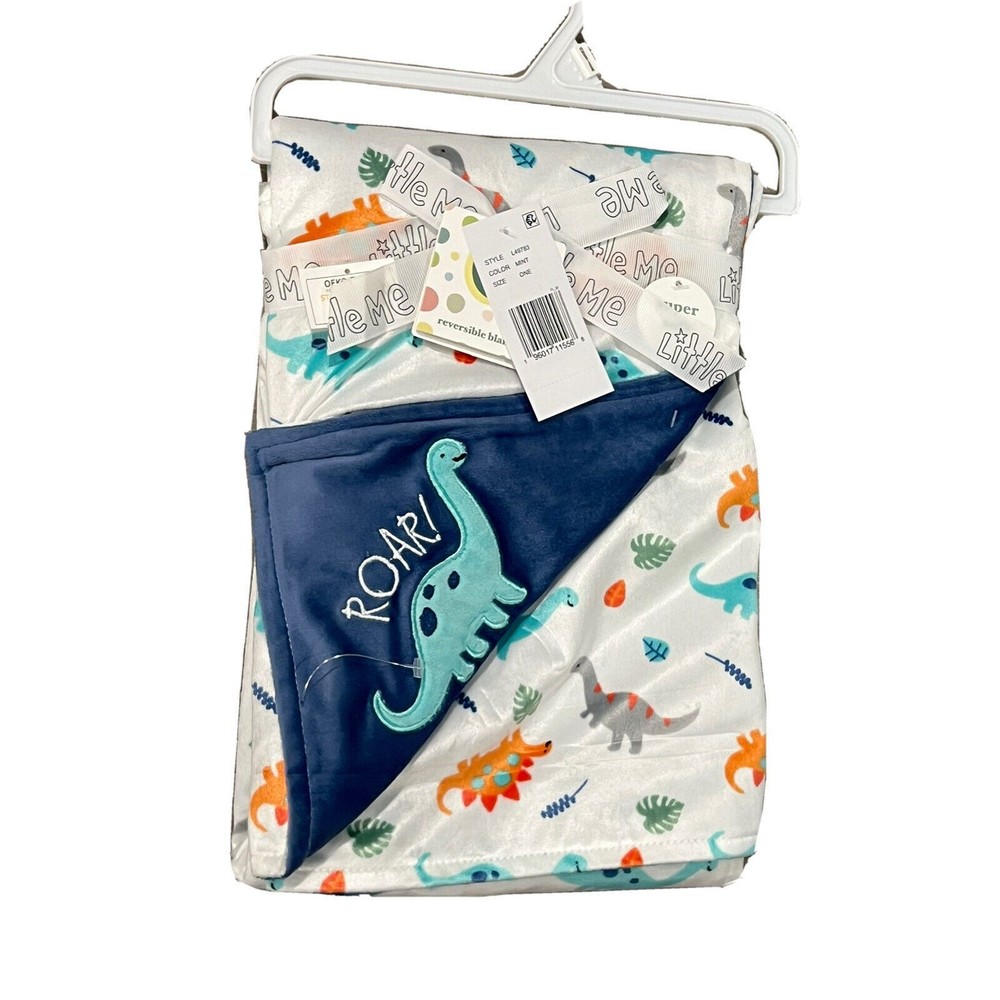NEW Little Me Baby Blanket Reversible Blue Dinosaur Roar Embroidered Soft Mink
